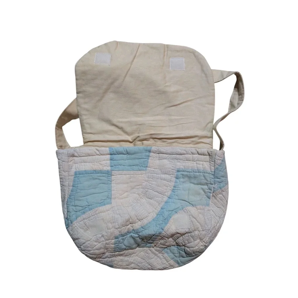 Vintage 90s Handmade‎ Quilted Tote Bag Blue White Hobo